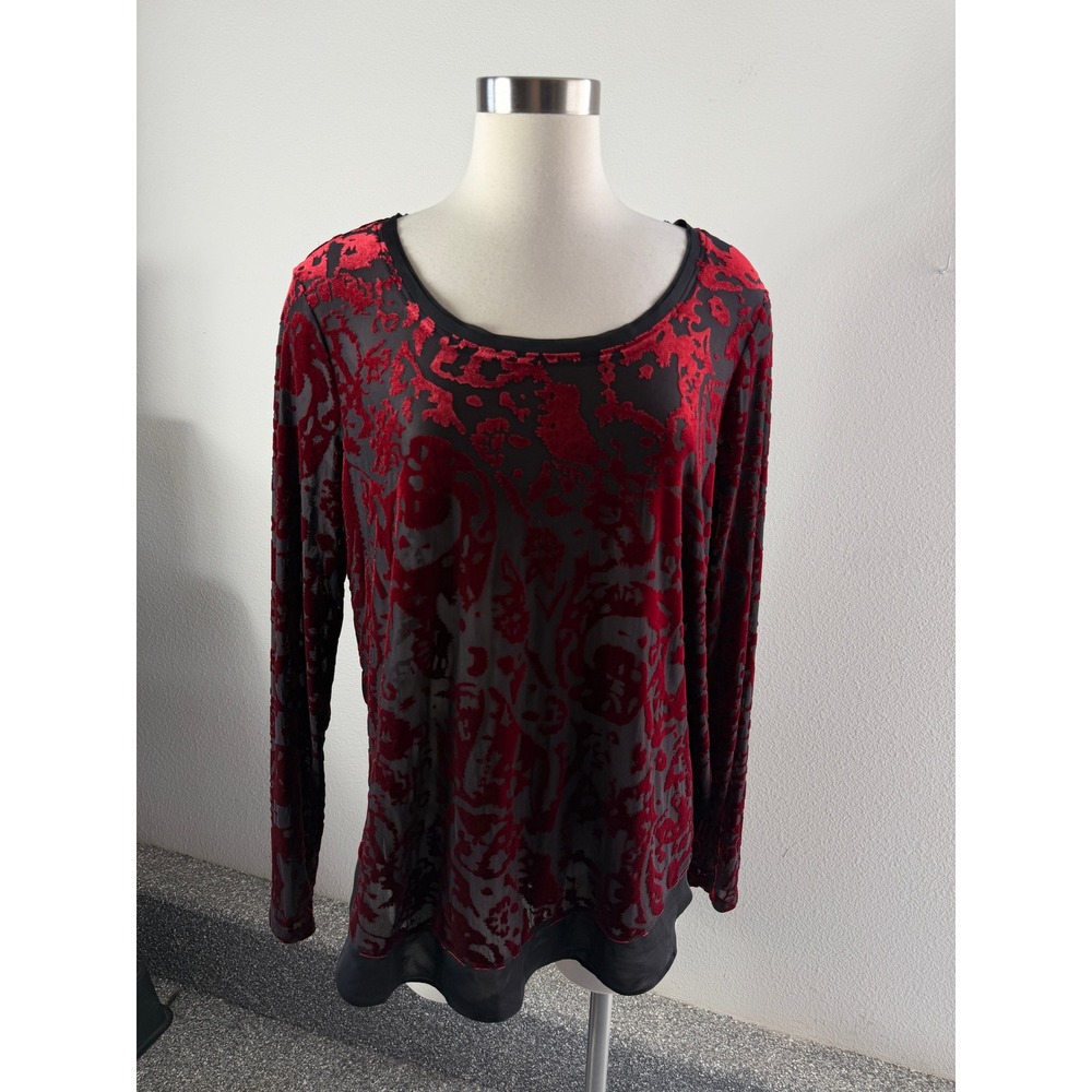 Simply Vera Vera Wang Womens XL Red Black Burnout Velvet Damask Top Long Sleeve